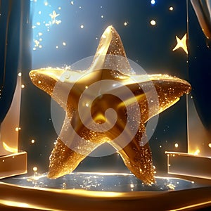 3d rendering of a golden star in a stage with a blue background AI Generated