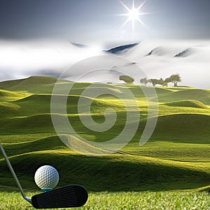 3d rendering of golf club and ball in grass