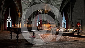 3D rendering of a gothic arched room with small grand piano and a sofa in a castle or palace interior