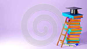 3D Rendering of Graduation Cap  Books and staircase on pink background. Realistic 3d shapes. Education concept. Efforts to