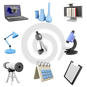 3d rendering graduation cap, chemical flasks, open book monitor, blue lamp, compass, microscope, telescope, calendar and