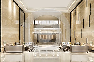 3d rendering grand luxury hotel reception hall entrance and lounge restaurant
