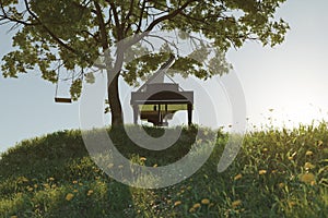 3d rendering of grand piano on grass hill next to maple tree and old swing