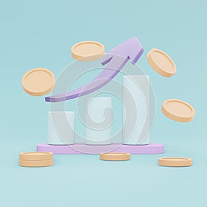 3D Rendering of graph and abundance of coin and arrow pointing up icon concept of investment stock market