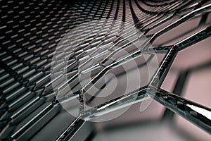 3D rendering of graphene surface, black bonds with carbon glossy structure