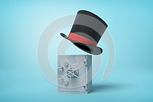 3d rendering of gray metal money vault and black tophat floating in air above it on light-blue background.