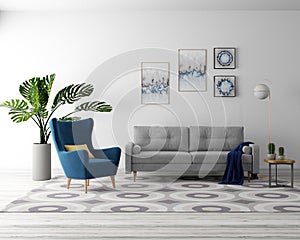 3d rendering. Gray sofa in the interior. Blue armchair in the living room.