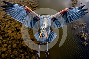 3D rendering of a great blue heron flying over the water, Take flight with a birdseye view shot offering, AI Generated