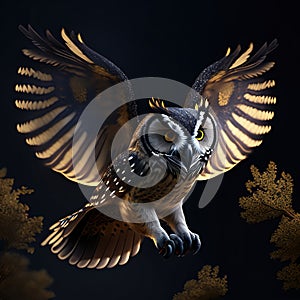 3D rendering of a great horned owl flying in the night AI Generated animal ai