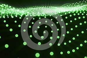 3d rendering green abstract digital wave form on dark background, connecting dots and lines, with light rays.