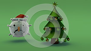 3d rendering of a green Christmas tree made of primitives on a green background and a snowman`s snow head in a red cap in the for