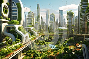 3D rendering of a green city with skyscrapers in the background