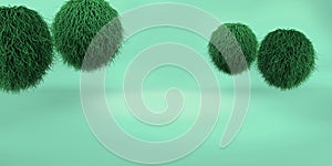 3D rendering of a Green geometric background for commercial advertising. Green fur balls. Green fluffy hairs ball on Green backgro