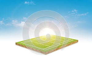 3D Rendering. Green grass tennis court and sky cloud background