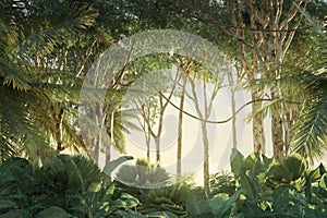 3d rendering of green jungle in the evening sunshine