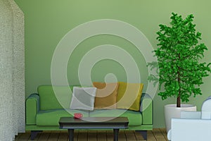 3D rendering of a green living room with a sofa