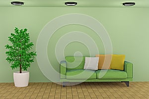 3D rendering of a green living room and a sofa