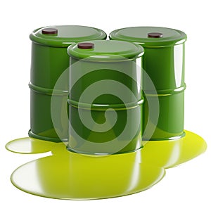 3D rendering of green metal barrels with leaking radioactive liquid. Pollution of environment with waste of chemical industry.