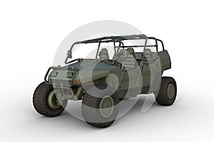 3D rendering of a green military all terrain vehicle isolated on a white background