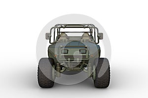 3D rendering of a green military all terrain vehicle viewed from the front isolated on a white background