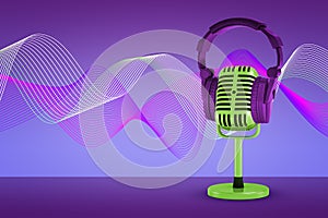 3d rendering of green retro microphone stands with a modern headset lying on it on a purple background with colorful