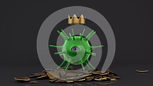 3D rendering of a green round virus with one eye and many long tentacles.. The virus looks at the camera. An idea for medical