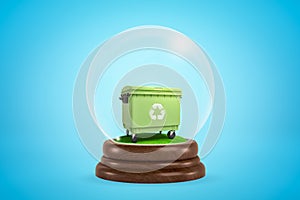 3d rendering of green trash bin with recycling symbol, inside glass ball globe on light blue background.