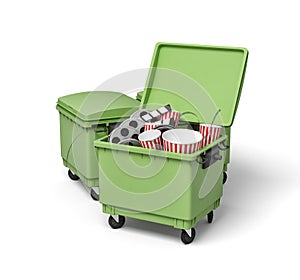 3d rendering of green trash bins with popcorn buckets, film reels and movie clapper inside