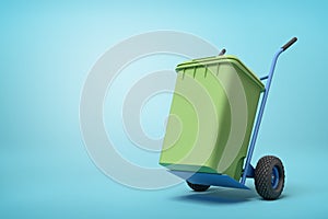 3d rendering of green trash can on blue hand truck which is standing in half-turn on light-blue background with copy