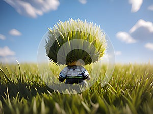3d rendering of a green tree with a grass man in the middle meadow, Ai Generated