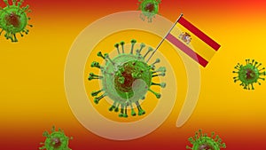 3D Rendering of green virus cells holding Spanish flag