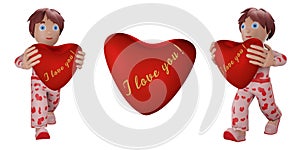 3D rendering, greeting set with Happy Valentine`s Day and Holidays, heart and man on a white background, isolated items
