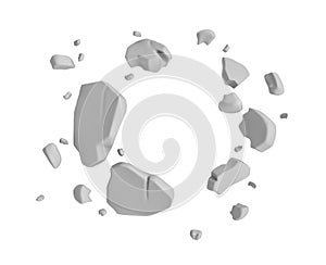 3d rendering of grey pieces of plaster wall hanging in the air on white background.