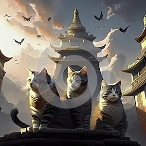 3D rendering of a group of cats sitting in front of a temple AI generated