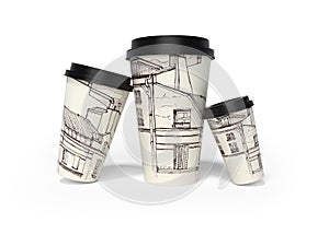 3d rendering of group of dimensional disposable paper cups with lid selling coffee on white background with shadow