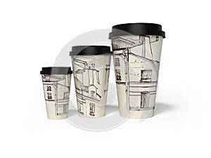 3d rendering of group of disposable paper cups with city texture on white background with shadow