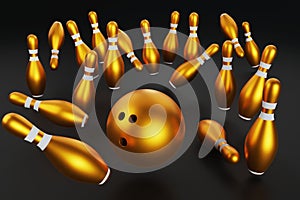 3d rendering-Group of Gold Bowling Pins on black background