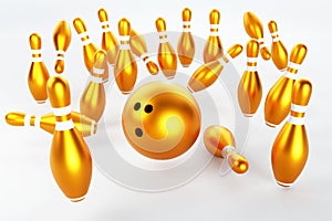 3d rendering-Group of Gold Bowling Pins on white background