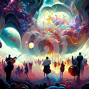 3D rendering of a group of people playing musical instruments in outer space Generative AI