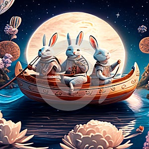 3d rendering of a group of rabbits in a boat with a full moon AI Generated