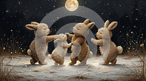 3d rendering of a group of rabbits in the moonlight. Generative AI