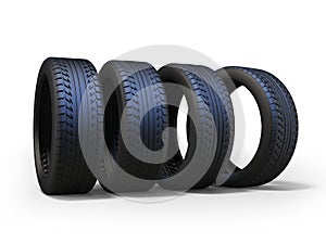 3D rendering of group of tires for car on white background with shadow