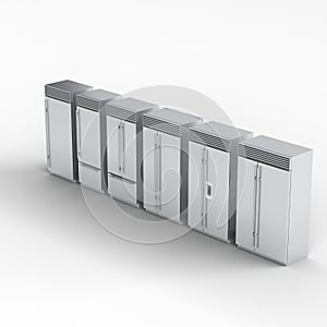 3d rendering of a group of white refrigerators standing in a line against a bright white background.