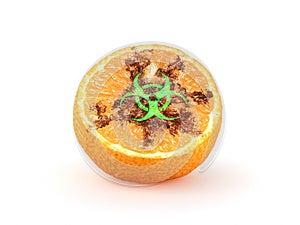 3d rendering of a half of tangerine with a glowing biological hazard sign