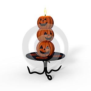 3D rendering of a Halloween pumpkin candle standing on a small black metal table isolated on a white background
