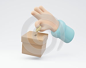 3D Rendering of hand giving money coin in a box isolate on white background