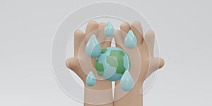 3D Rendering of hand holding earth icon with water drop with copy space