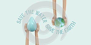 3D Rendering of hand holding earth and water drop icon