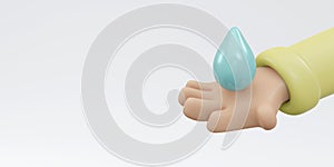 3D Rendering of hand holding water drop with copy space isolated on white background