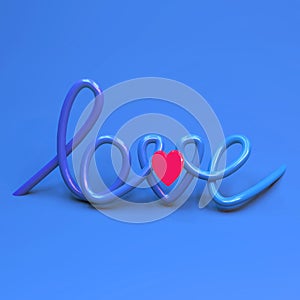 3d rendering of hand lettering word love and illuminated pink heart shape.